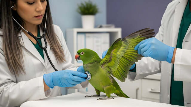 A young Hispanic woman in a white lab coat examines a green parakeet at a vet clinic. A second person in blue gloves assists with the check-up.