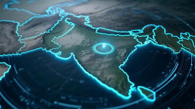 A futuristic digital map of India with glowing blue borders and a central location pin, overlaid with technological interface elements.