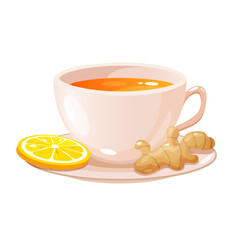 White porcelain teacup of ginger tea on a saucer with lemon slice and fresh ginger root isolated on a white background. Healthy herbal beverage for immunity boost, wellness, detox drinks, etc.