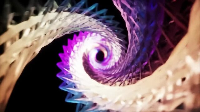 A vibrant, swirling spiral design with triangular patterns in various pastel hues against a dark background.