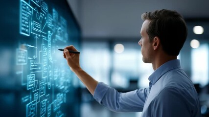 Focused businessman creates a detailed workflow diagram on a high tech glass board in a contemporary workspace. Digital transformation and smart solutions enhance productivity and efficiency - Powered by Adobe