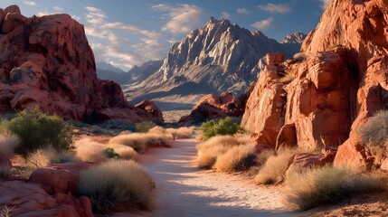 Desert canyon trail between sandstone formations highlighting dramatic geological textures and sunlit red terrain