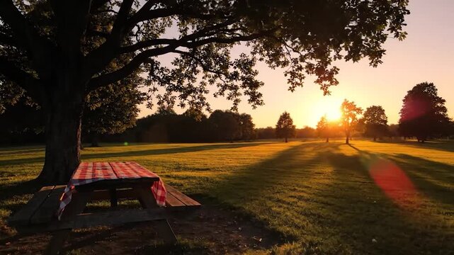 Serene picnic setup in park at sunset with red checkered tablecloth