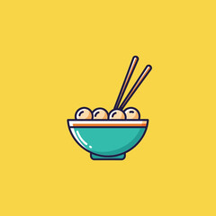 Minimalist illustration of a bowl of meatballs with chopsticks on a yellow background.