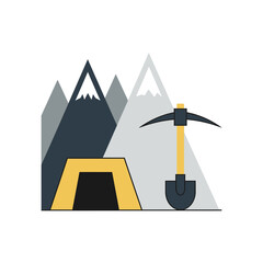 Mining tools and mountain mine entrance illustration.