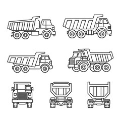 Outline Dump Trucks Construction Vehicles Set Heavy Machinery Icons.
