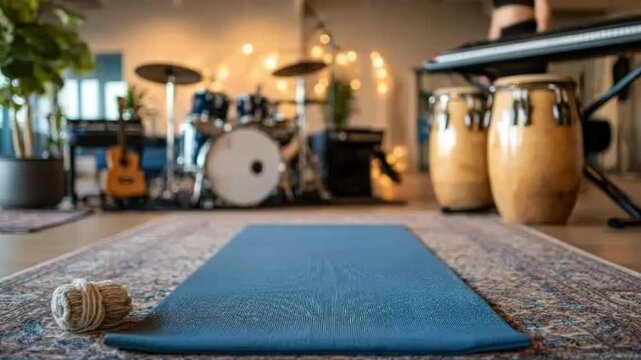 A low-angle shot focusing on a blue exercise mat rolled out in a creative home studio. The softly blurred background reveals a music practice area with a drum kit, conga drums, and a keyboard, all ill