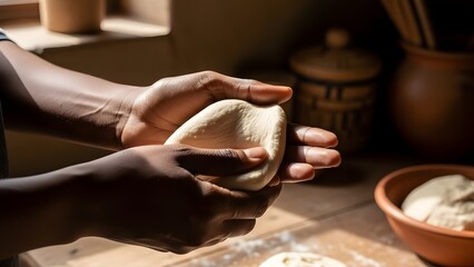 Crafting Dough: An intimate view of a skilled hands working with fresh dough, carefully shaping it with precision and expertise.