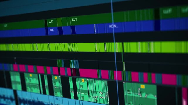 Close-up of a colorful cinematic video editing timeline interface in professional post-production software, showcasing audio and video layers in a complex sequence.