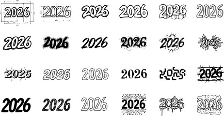 Set of 24 unique black and white hand-drawn and stylized illustrations of the year 2026, featuring diverse fonts, artistic effects, and doodles, isolated on white background.