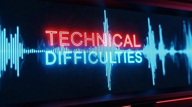 Technical Difficulties Displayed: A vibrant display signaling technical disruptions, using a dynamic sound wave visual, reflecting the complexity of technological challenges.