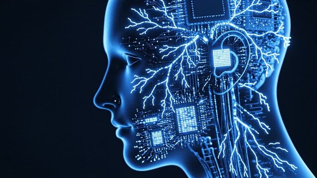 AI Brain Concept with Glowing Circuitry and Microchips in Human Head Silhouette artificial intelligence.