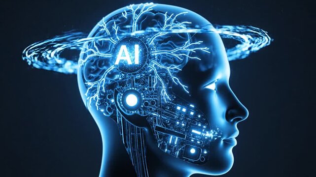 AI head with glowing brain circuits and a halo of energy and the letters AI artificial intelligence.