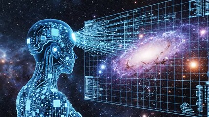 Futuristic AI human head processing data with galaxy background and digital interface artificial intelligence. - Powered by Adobe