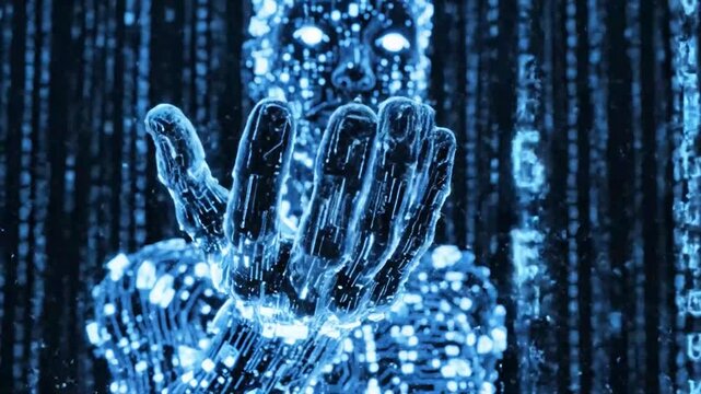 Digital humanoid offering an open palm with glowing circuits and binary code background artificial intelligence.