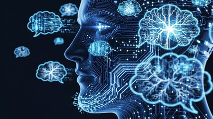 Profile of a Digital Human Head with Circuitry and Thought Bubbles Containing Brain Imagery artificial intelligence. - Powered by Adobe