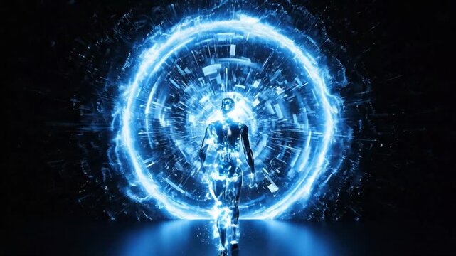Humanoid Robot Standing Before a Glowing Blue Energy Portal and Abstract Light Explosion android cyborg.