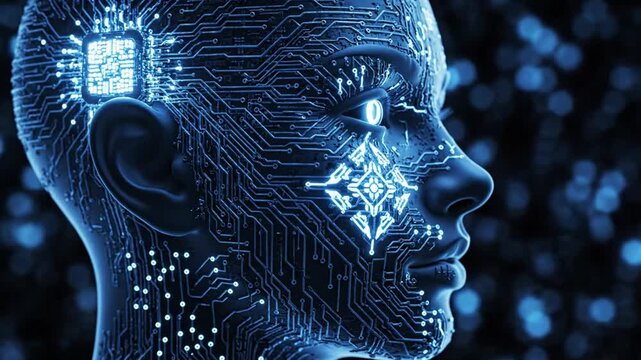 Profile of a Human Head with Blue Circuitry Overlay Representing Artificial Intelligence.