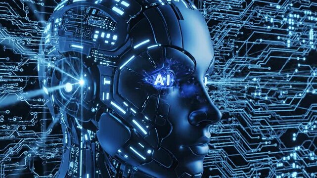 Robotic Head with AI Symbol in Eye and Glowing Blue Circuits.