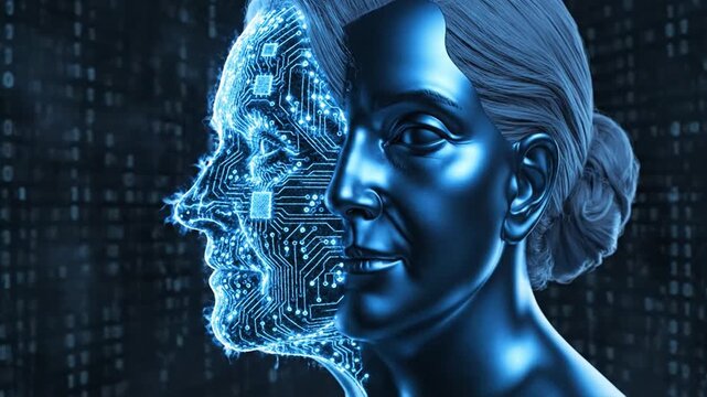 Split face showing a human woman merging with a digital AI circuit board face artificial intelligence.