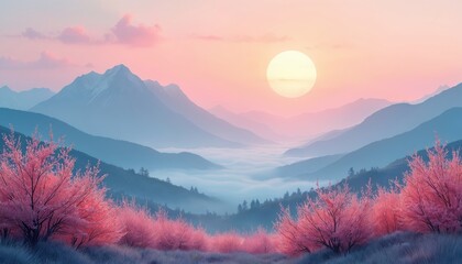 Mountains shrouded in mist greet rising sun with vibrant pink cherry blossoms and soft pastel sky. Tranquil landscape evokes spring freshness and peacefulness with layered hills and ethereal light.