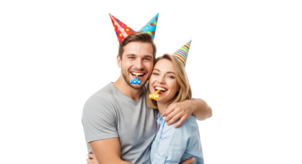 Young caucasian couple in festive hats, laughing and blowing party horns while hugging closely, isolated on a bright high-key white studio background with copy space. Concept of fun and ecstatic