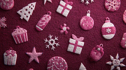 Decorated Christmas ornaments and gifts on a festive red background.
