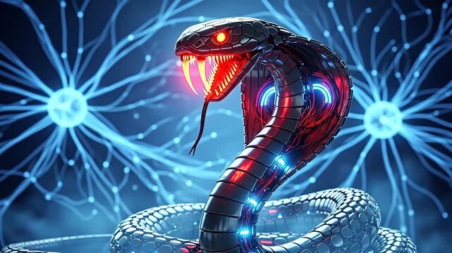 Cybernetic Cobra - A Futuristic Snake with Glowing Eyes and Neural Network.