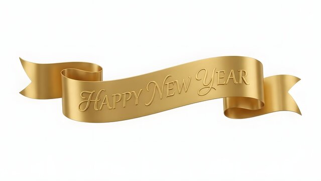 Long, Curving Gold Ribbon Banner with 'Happy New Year' Engraved Script