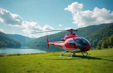 Red helicopter sits on green grass field next to calm lake. Mountains covered in forest form backdrop under blue sky with clouds. Nature landscape with private aircraft.