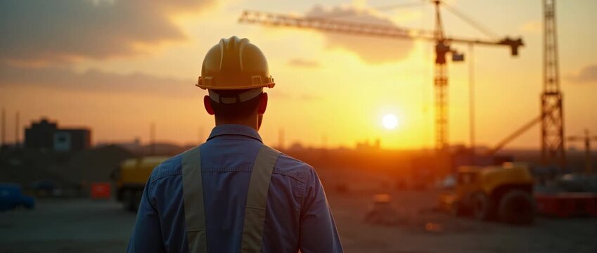 Construction worker surveys bustling site as cranes move against a golden sunset; camera gently pans to capture dynamic industrial progress in cinematic, vibrant realism.