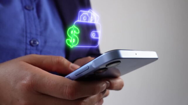 Personal finance and expense management. Woman using her cell phone with a virtual wallet icon and a money symbol.