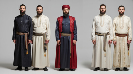 Men wearing traditional attire in colorful garments standing together, Purim concept  