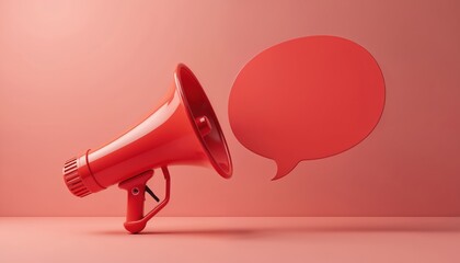 Red megaphone with speech bubble on pink background. Object for announcement, marketing, and public speaking. Modern graphic design concept for alert or news.
