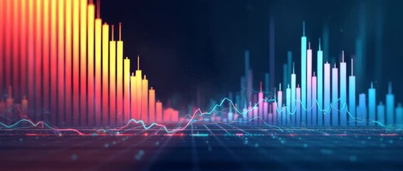 Dynamic financial graph bars shift and pulse in a futuristic digital space, with a slow pan across the scene, creating a cinematic visualization of data analysis and market trends. - Powered by Adobe