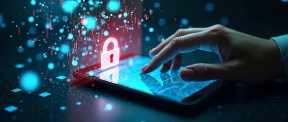 Hand interacts with smartphone lock icon in a secure digital environment; camera slow pans as data particles gently float, creating a cinematic focus on cybersecurity and technology innovation. - Powered by Adobe