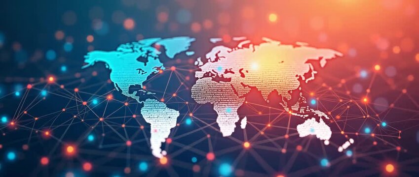 Cinematic global network visualization with digital world map glows, nodes pulsing gently; camera slowly pans across dynamic connections, emphasizing global connectivity and innovation.