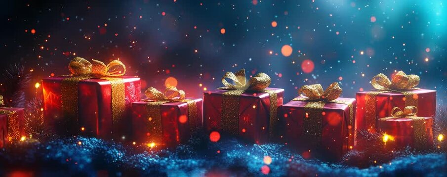 Row of wrapped presents with golden ribbons glowing in sparkling bokeh lights. Festive holiday celebration surprise