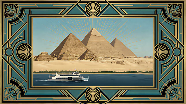 Vintage Art Deco Travel Poster: Pyramids of Giza & Nile River, Egypt | Digital Art Print by Pixel Sultan