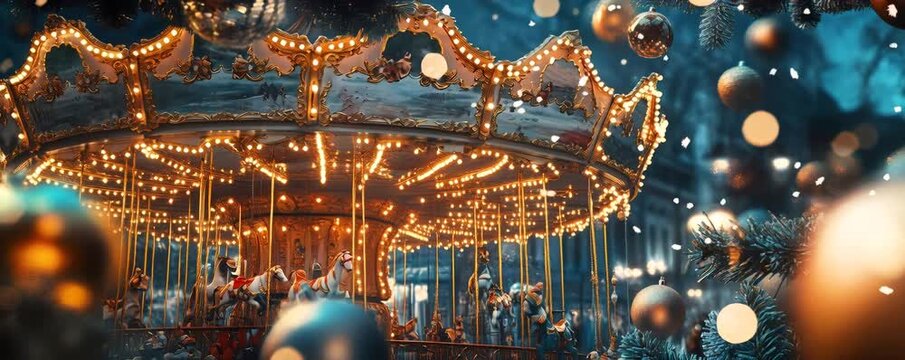 Carousel with many golden lights turning at night, creating a magical festive holiday experience. Bokeh lights and ornaments in foreground