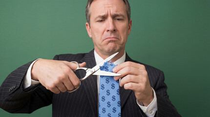 Cutting Ties: A man, scissors poised, prepares to cut his tie, symbolizing job loss, financial struggle, or a significant life change. The image evokes themes of sacrifice and difficult choices.
