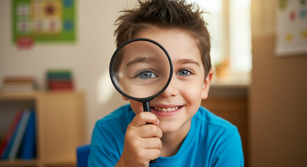 Curious boy with magnifying glass in classroom setting with bright natural lighting for education