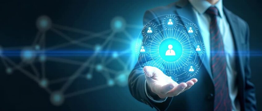 Businessman presents digital network hologram in a futuristic, cinematic style; camera slowly pans as the network nodes pulse with ambient light, emphasizing technology and innovation.