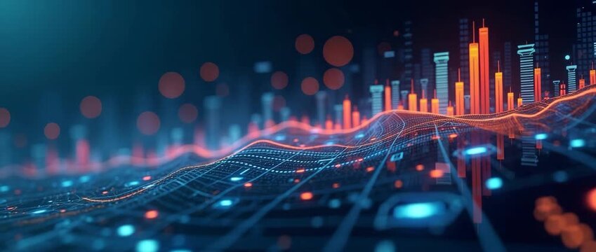 Futuristic data visualization with dynamic graphs and charts in motion, captured with a steady tracking shot; cinematic style enhances the digital finance and analytics theme.