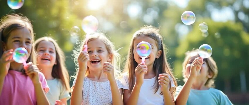 Children joyfully play with bubbles in a sunlit park, their laughter echoing as the camera gently pans through the vibrant scene, evoking a cinematic, warm ambiance.