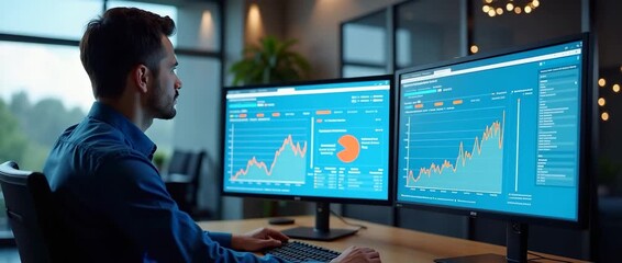 Business analyst studies dynamic financial data on dual monitors, while the camera gently pans in a modern office environment; cinematic style emphasizing technology and innovation.