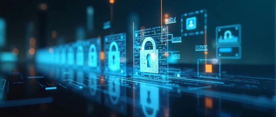 Futuristic digital security interface with locks glowing in a cinematic style, camera slowly pans over the network grid while ambient lights flicker, emphasizing cybersecurity technology. - Powered by Adobe