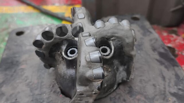 Polycrystalline Diamond Compact (PDC) drilling bit on the rig floor used for drill oil and gas well for petroleum exploration and production.
