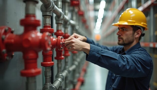Worker wears hard hat, adjusts pipes on fire suppression system. Red valve and grey conduits are visible. He works with care on industrial equipment.