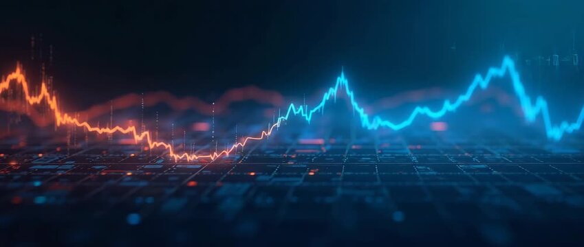 Dynamic stock market graphs pulse with energy, as the camera slowly pans across a futuristic digital landscape, showcasing financial data analytics in a captivating cinematic style.